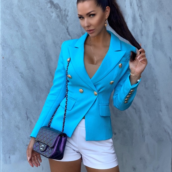 Turquoise Double-Breasted Blazer Gold Tone Buttons - Picture 7 of 14